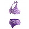 Maillot de Bain Bikini Plissé Croisé Rayé à Col Halter de Vacance - Violet clair S