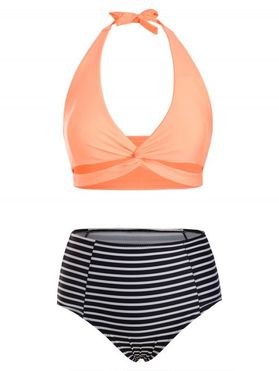 Twisted Striped Halter High Waisted Bikini Swimwear