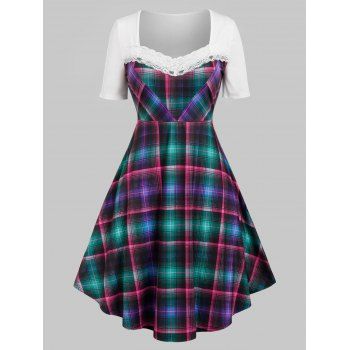 

Plus Size Plaid Lace Insert A Line Dress, Multicolor