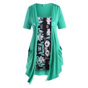 

Floral Panel Dual Pocket Buttoned Plus Size Top, Green