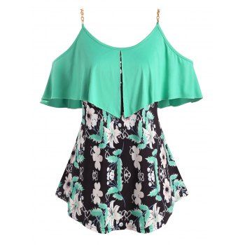 

Foldover Metallic Ring Floral Open Shoulder Plus Size Top, Green