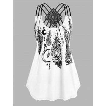 

Plus Size Feather Print Strappy Tank Top, White