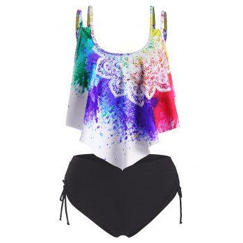 

Bohemian Flower Flounce Overlay Cinched Tankini Swimwear, Multicolor