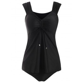 

Cinched Tie Plunge Skirted Tankini Swimwear, Black