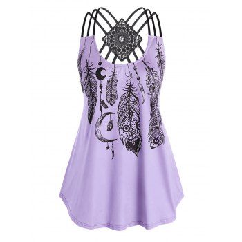 

Plus Size Feather Print Strappy Tank Top, Light purple