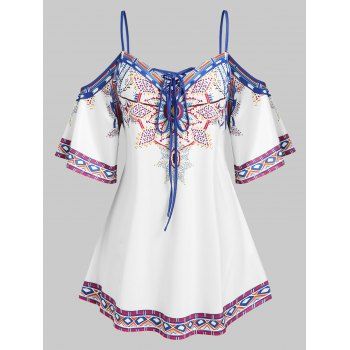 

Plus Size Cold Shoulder Tribal Print Lace Up T Shirt, White