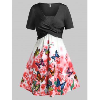 

Plus Size Crossover Butterfly Floral Print Dress, Black