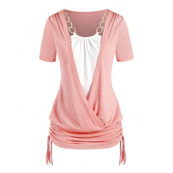 

Plus Size Chains Surplice Cinched Tie Short Sleeve Tee, Light pink