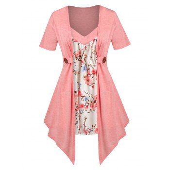 

Plus Size Floral Print Faux Twinset Irregular Tee, Light pink