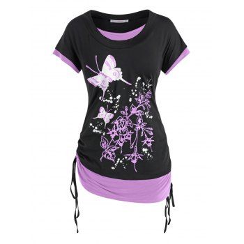 

Plus Size Cinched Butterfly Floral Faux Twinset Tee, Light purple