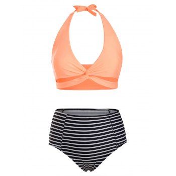 

Twisted Striped Halter High Waisted Bikini Swimwear, Light orange
