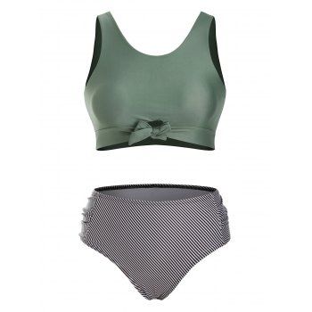 

Striped Tummy Control Swimsuit Knotted Crop Mix and Match Tankini Swimwear, Light green