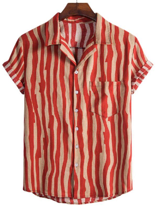 Irregular Stripe Pattern Short Sleeve Shirt - RED XXXL