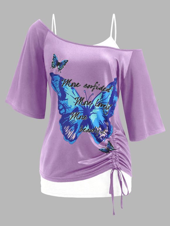 T-shirt à Imprimé Papillon de Grande Taille à Col Oblique et de Débardeur en Dentelle Deux Pièces - Violet clair 4X