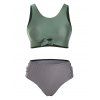 Striped Tummy Control Swimsuit Knotted Crop Mix and Match Tankini Swimwear - LIGHT GREEN XL