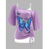 T-shirt à Imprimé Papillon de Grande Taille à Col Oblique et de Débardeur en Dentelle Deux Pièces - Violet clair 4X