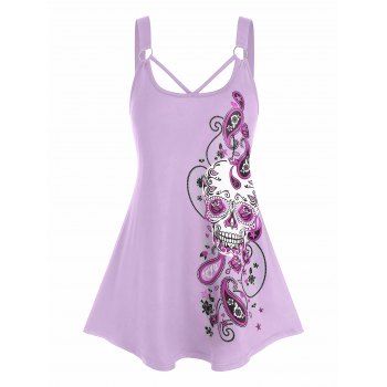 

Plus Size Paisley Skull Print O Ring Tank Top, Light purple