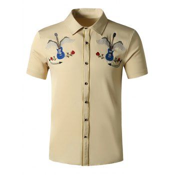 

Guitar Rose Flowers Embroidered Metallic Thread Shirt, Light khaki