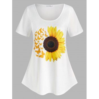 

Plus Size Butterfly Half Sunflower Print T Shirt, White