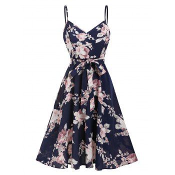 

Bohemian Belted Floral Print Knee Length Dress, Deep blue