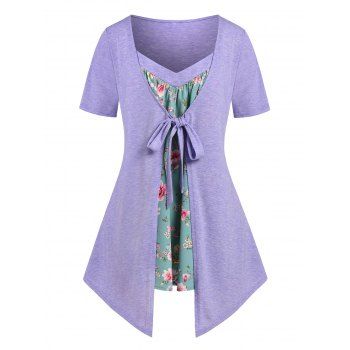 

Plus Size Front Tie Floral Print 2 in 1 Tee, Light purple
