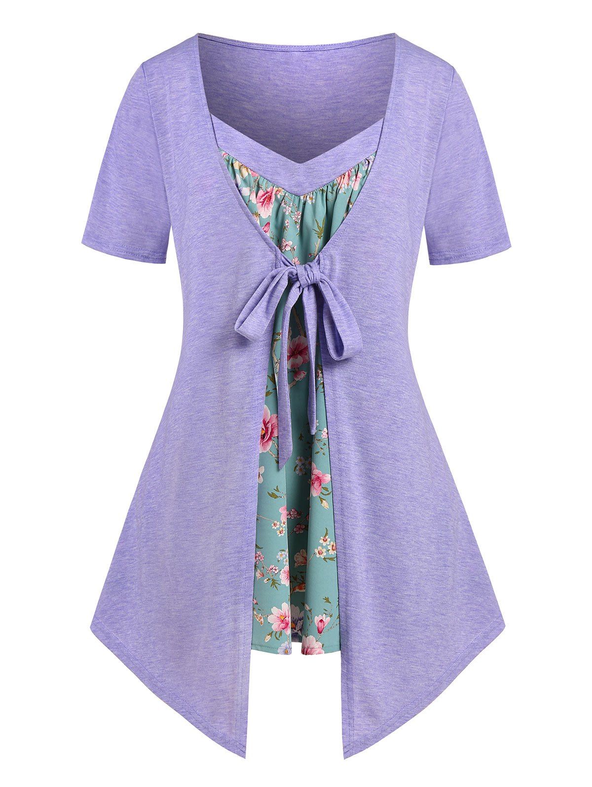 Plus Size Front Tie Floral Print 2 in 1 Tee - LIGHT PURPLE 5X