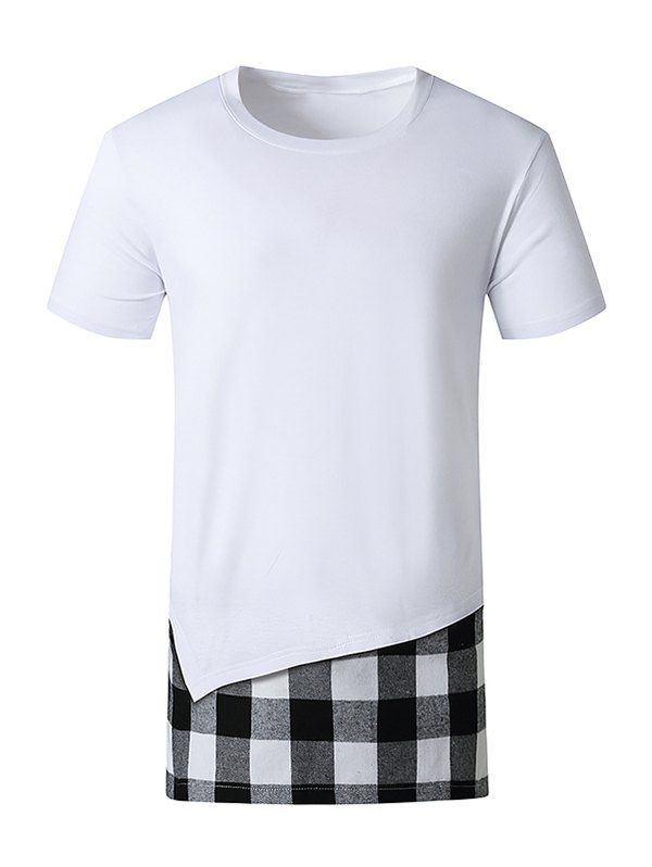 T-shirt à Carreaux Imprimé à Fente Latérale Fausse Deux Pièces - Blanc XL