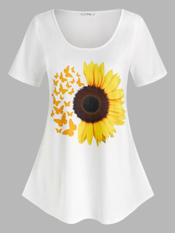 T-shirt à Imprimé Papillon et Tournesol à Demi-Manches de Grande Taille - Blanc 3X