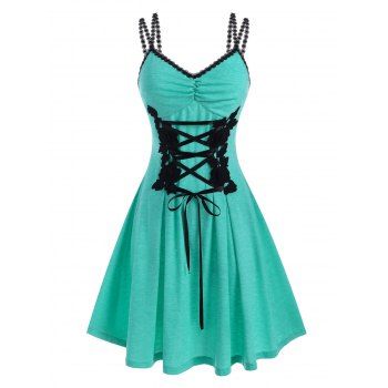 

Flower Applique Lace Up Ruched Corset Style Dress, Light green