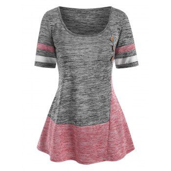 

Mock Button Colorblock Striped T Shirt, Gray