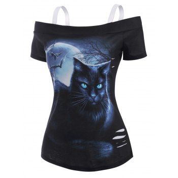 

3D Cat Moon Print Cold Shoulder Ripped T Shirt, Black