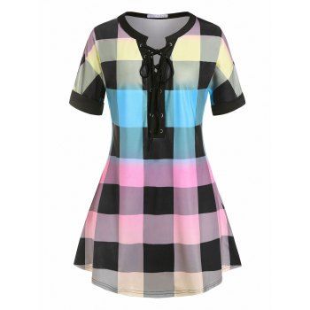 

Plus Size Lace Up Plaid Tee, Multicolor