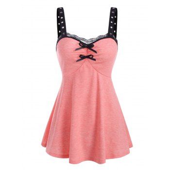 

Lace Insert Grommet Bowknot Ruched Tank Top, Light pink