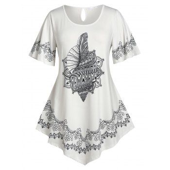 

Plus Size Flutter Sleeve Printed Irregular Tee, White