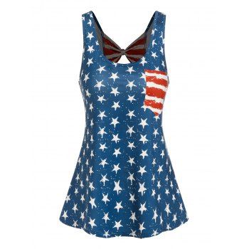 

American Flag Star Print Bow Cut Out Tank Top, Blue