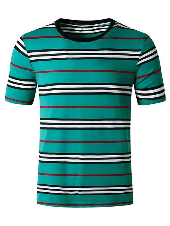 T-shirt Rayé Imprimé à Manches Courtes - Bleu XL