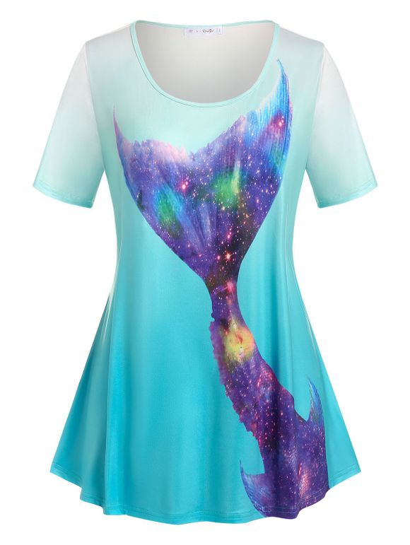 T-shirt 3D à Imprimé Galaxie en Couleur Ombrée de Grande Taille - Bleu clair L