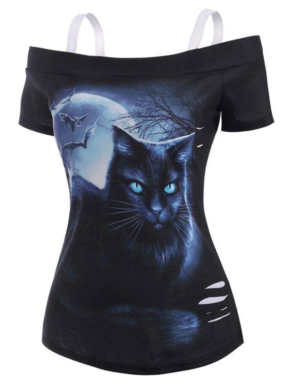 T-shirt Déchiré à Imprimé 3D Chat et Lune à Epaule Dénudée - Noir M