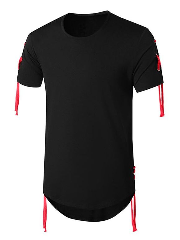 T-Shirt Décontracté de Couleur Unie avec Lacets - Noir XXL