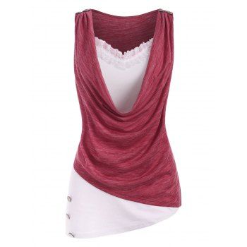 

Cowl Neck Lace Trim Space Dye Sleeveless Top, Light pink