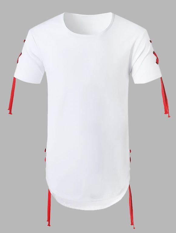 T-Shirt Décontracté de Couleur Unie avec Lacets - Blanc XXL