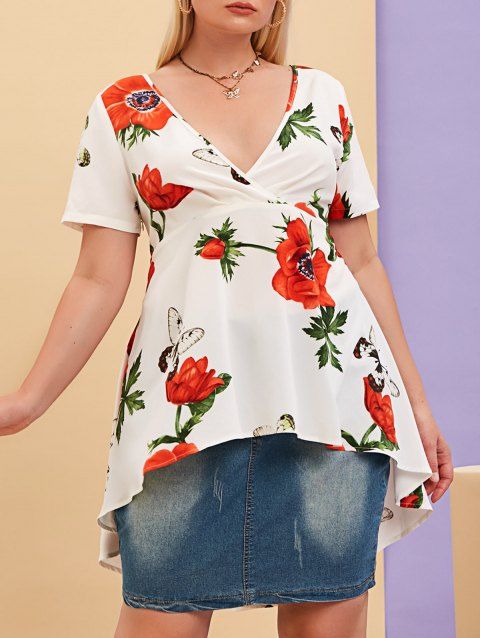 Plus Size Floral Print Plunging Neck High Low Blouse