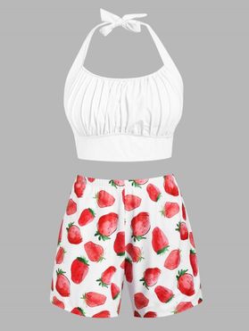 Plus Size Halter Ruched Bust Strawberry Print Three Piece Tankini Swimwear