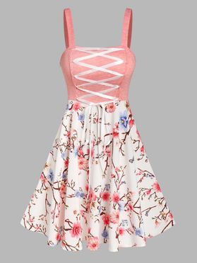Flower Print Cottagecore Dress Lace Up Mini Dress High Waist Combo Dress Square Neck Casual A Line Dress