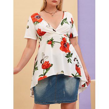 

Plus Size Floral Print Plunging Neck High Low Blouse, White