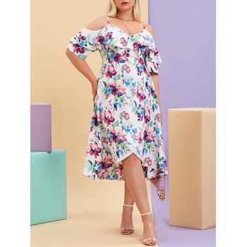 

Plus Size Cold Shoulder Ruffled Floral Print Midi Dress, White