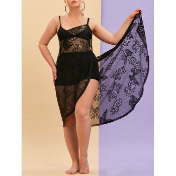 

Plus Size Butterfly Floral Lace Beach Wrap Cover Up Dress, Black