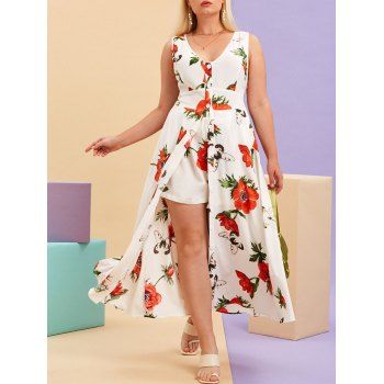 

Plus Size Floral Print Button Up Dress With Shorts Set, White