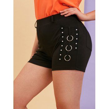 

Plus Size Rivet Metal Ring Embellished Mini Shorts, Black