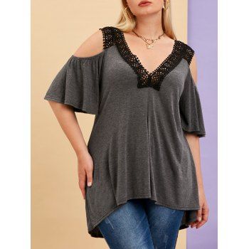 

Plus Size Plunging Neckline Cold Shoulder Lace Panel Tee, Gray